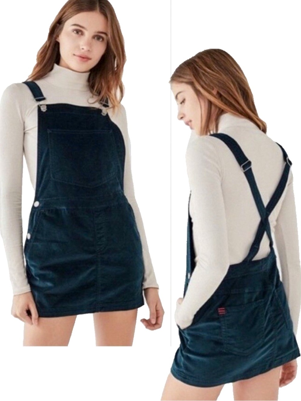 UO Dark Teal Velvet Overall Mini Dress Pinafore Whimsy Twee 90s Kidcore XS EUC